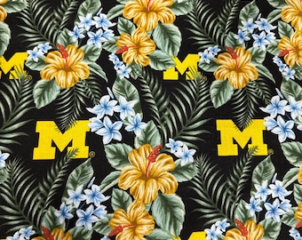 University of Michigan Wolverines Fabric 100% Cotton Hawaiian Floral OOP rare Officially Licensed
