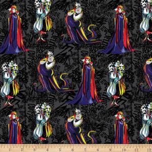 Disney Villains Villain Outline Black Cotton Fabric 100% Cotton  BY THE YARD Officially Licensed