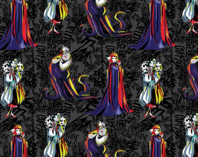 Disney Villains Villain Outline Black Cotton Fabric 100% Cotton  BY THE YARD Officially Licensed