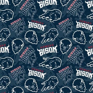 May include: A dark blue fabric pattern featuring the Howard Bison logo and text repeated throughout. The design includes a stylized charging bison graphic in dark blue and white, paired with the text Howard Bison in white lettering.