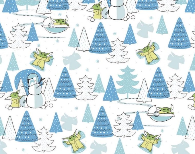 Camelot Character Winter Holiday 2 Fabric Star Wars Child Snow Day Baby Yoda in White Premium Quality 100% Cotton Fabric Officially Licensed