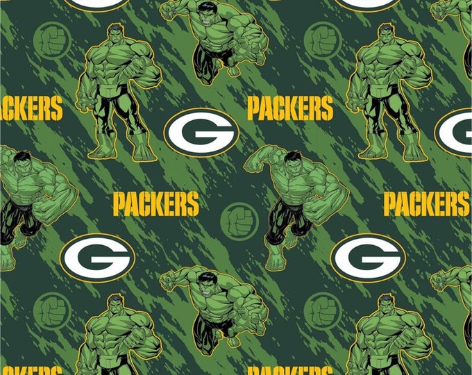 Green Bay Packers 100% Cotton Fabric  Packers Incredible Hulk Mash Up Marvel Officially Licensed