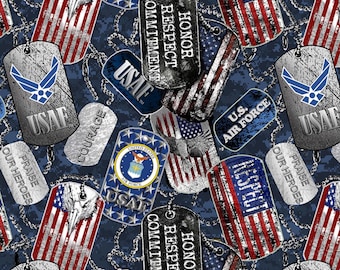 AIR FORCE Dog Tags Military Cotton Fabric 100% Cotton Officially Licensed