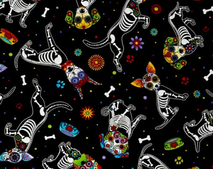 Dogs Sugar Skulls Fabric 100% Cotton  Ships in 1 Business Day Officially Licensed