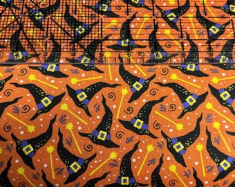 Witches hat and wand Halloween  Fabric 100% Cotton   Purple and orange