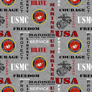 MARINES Heather Print Logo Military Cotton Fabric 100% Cotton Officially Licensed
