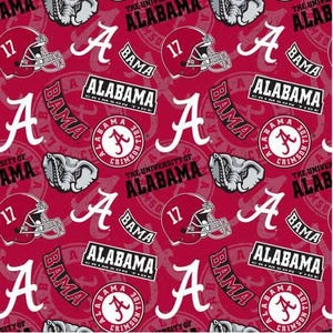 May include: Red and white patterned fabric featuring the University of Alabama Crimson Tide. The design includes football helmets, the letter "A", the word "Bama", and the phrase "Alabama Crimson Tide".