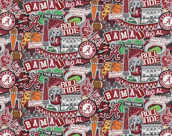 Tela de algodón Alabama Bama Crimson Tide 100% algodón Doodle Producto con licencia oficial