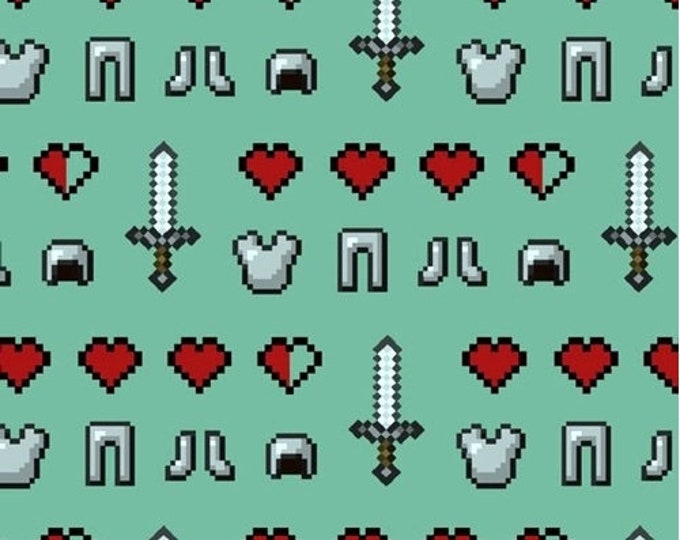 Mojang Minecraft cotton fabric swords hearts teal Officially Licensed