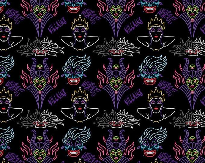 Disney Villains Villain Outline Black Cotton Fabric 100% Cotton Officially Licensed