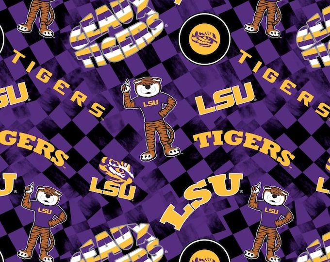LSU Cotton Fabric Louisiana State Tigers 100% Cotton check allover Officially Licensed