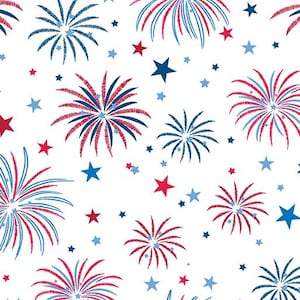 May include: A white background is covered with a repeating pattern of red, white, and blue fireworks and stars. The fireworks have a burst design with red and blue lines, and the stars are in various sizes.