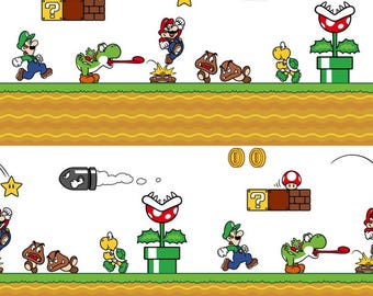 May include: A repeating pattern featuring characters and elements from the Super Mario Bros. video game. Mario, Luigi, Yoshi, Goombas, and other iconic elements are depicted on a green and brown background.