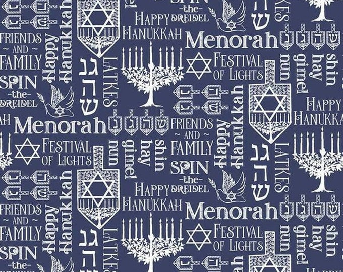 Riley Blake Festival Of Lights Dreidel Toss Blue Hanukkah 100% Cotton Fabric Blue White Menorah