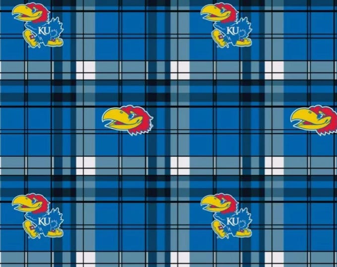 Kansas University Jayhawks Licensed FLEECE fabric Preppy Plaid