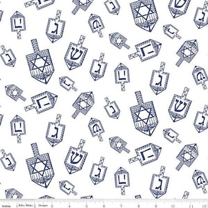 Riley Blake Festival Of Lights Dreidel Toss Blue Hanukkah 100% Cotton Fabric white and blue