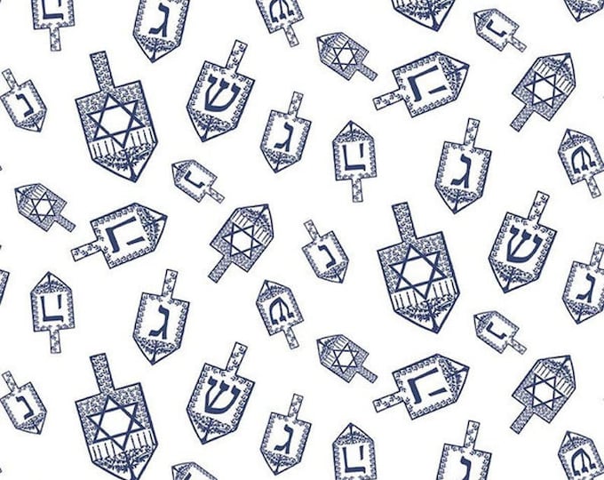 Riley Blake Festival Of Lights Dreidel Toss Blue Hanukkah 100% Cotton Fabric white and blue