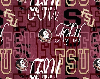 May include: A maroon fabric featuring a repeating pattern of the Florida State University logo, the letters FSU in block and outlined fonts, and the cursive text FSU in white. The design includes the Seminole head mascot in profile.