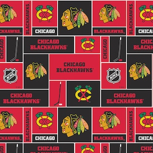 May include: A repeating pattern fabric featuring the Chicago Blackhawks logo, the team name in black and red text, the NHL shield, and hockey stick graphics. The design is organized into a grid of black and red rectangular blocks.