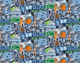North Carolina Tar Heels Fabric 100% Cotton Doodle UNC Officially Licensed