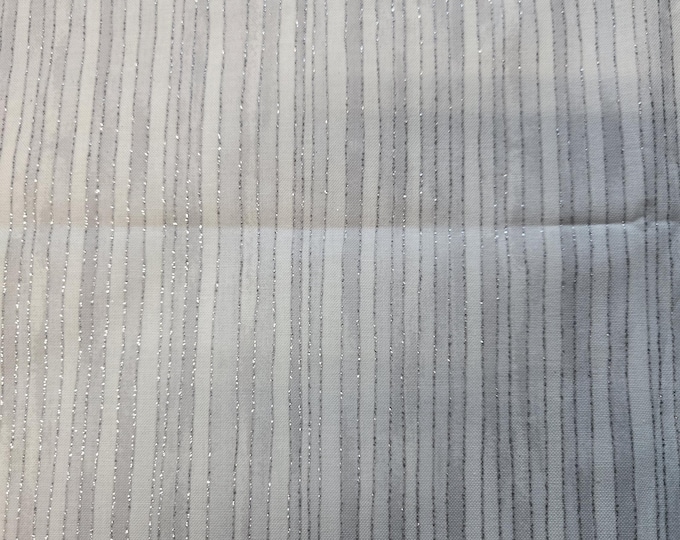 White & Light Grey Stripes Glitter cotton Fabric 100% Cotton Silver metallic