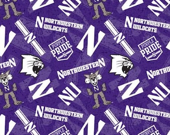 Northwestern University Wildcats Fabric 100% Cotton Tone on tone Officially Licensed