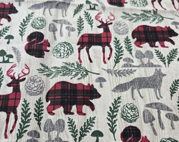 Cabin Bear Wolf Deer Christmas Cotton Fabric 100% Cotton