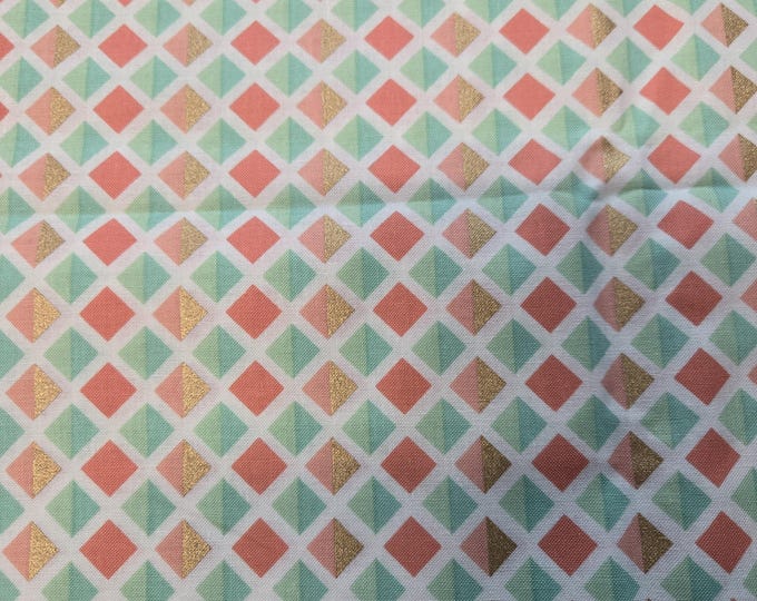 Coral, Gold & Mint Geometric Design Cotton Fabric 100% Cotton