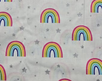 Rainbows and Gkitter Silver Stars cotton Fabric 100% Cotton