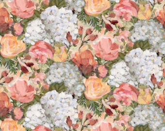 Tela floral blanca y multicolor con hortensias, 100 % algodón