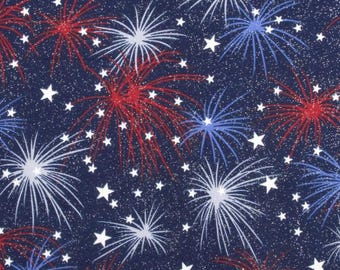 Fireworks with Stars 2 Patriotic Glitter 100% Cotton fabric traditions 4th of July