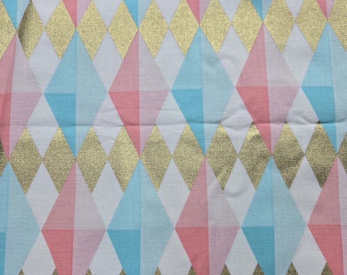 Blue, Pink, White & Gold Geometric Diamond Design Cotton Fabric 100% Cotton