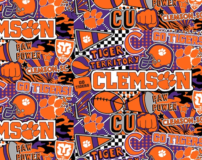 Clemson Tigers Pop art Fabric 100% Cotton  Ships in 1 Business Day Officially Licensed