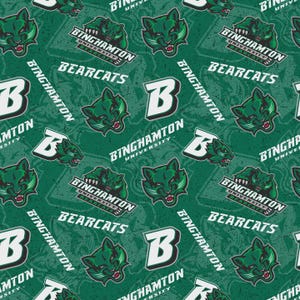 May include: A repeating pattern featuring the Binghamton University Bearcats logo. The design includes the word "Bearcats", the letter "B", and the university name. The color scheme is green, white, and black, creating a collegiate theme.