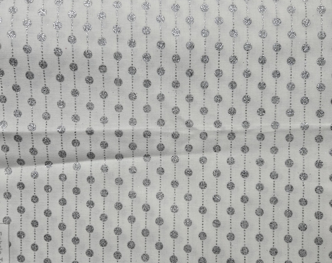 Silver Glitter Dots on White cotton Fabric 100% Cotton Silver metallic