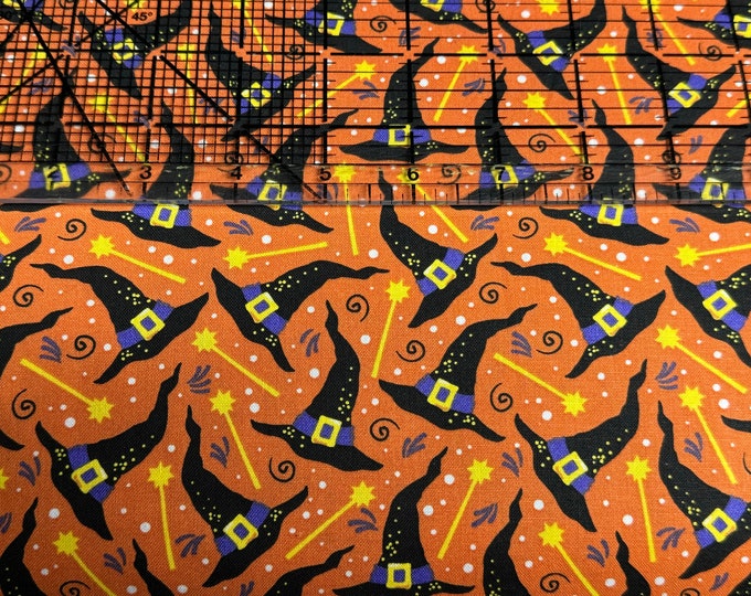 Witches hat and wand Halloween  Fabric 100% Cotton   Purple and orange