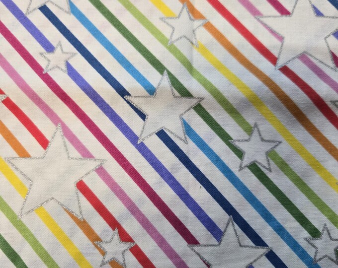 Rainbow Stripes with Silver Glitter Stars cotton Fabric 100% Cotton