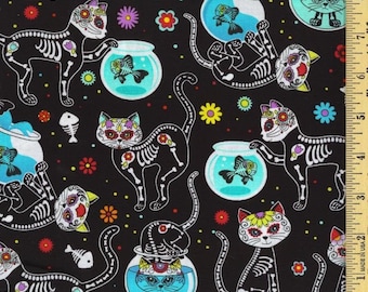 Cats Sugar Skulls Fabric 100% Cotton   day of the dead Timeless Treasures Officially Licensed