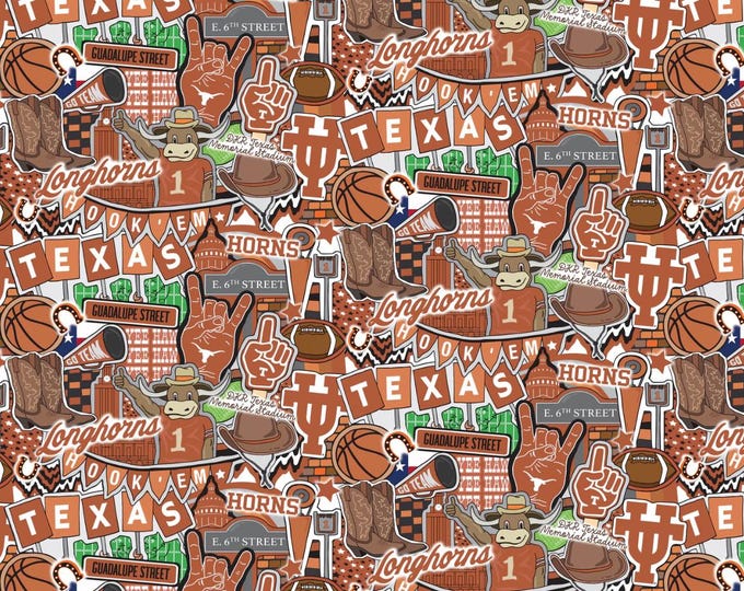 Texas Longhorns Doodle Fabric 100% Cotton Officially Licensed