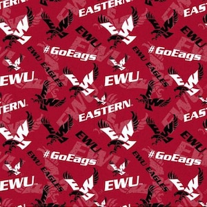 May include: A deep red fabric featuring a repeating pattern of white and black Eastern Washington University eagle logos, the text EWU, the word EASTERN, and the hashtag #GoEags printed in a bold, athletic font across the entire surface.