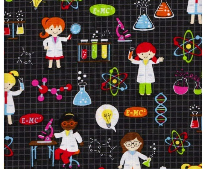 Science kids Boys Girls Microscope Stem Equations Black Cotton Fabric 100% Cotton