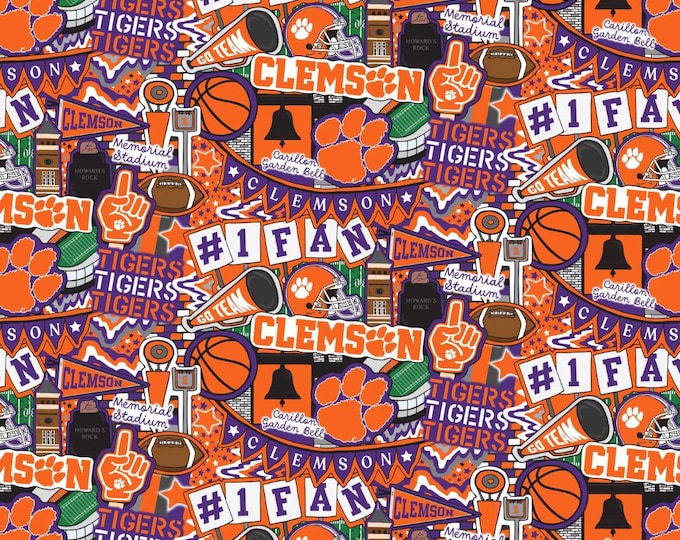 Clemson Tigers Doodle Fabric 100% Cotton NEW Officially Licensed