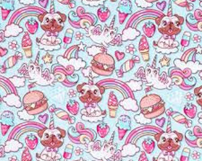 Dogs and Caticorns cotton Fabric 100% Cotton Pugs Rainbows Officially Licensed
