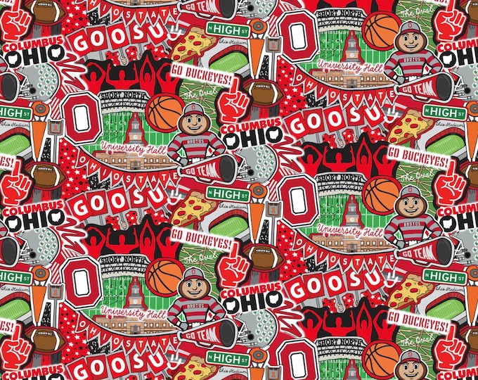OSU Doodle Cotton Fabric Ohio State University Buckeyes 100% Cotton Officially Licensed