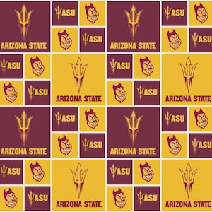 May include: A repeating pattern featuring the Arizona State University logo and mascot. The design includes the ASU trident, the word "ASU", and the mascot's face in maroon, gold, and white squares. The words "ARIZONA STATE" are also present.