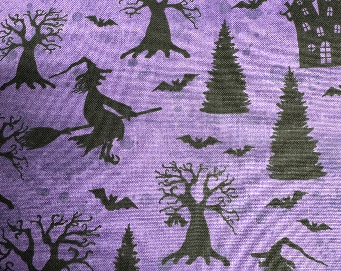 Witches Flying on broom with cat Halloween  Fabric 100% Cotton  purple