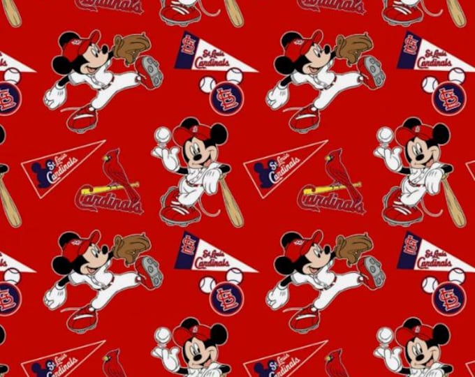 St Louis Cardinals Baseball Fabric 100% Cotton Mickey Mouse Officially Licensed