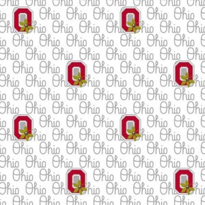 May include: A repeating pattern on a white background featuring the word Ohio in a grey outline font, interspersed with red block letter O logos that contain a grey center and a small green flower graphic at the bottom right corner of each letter.