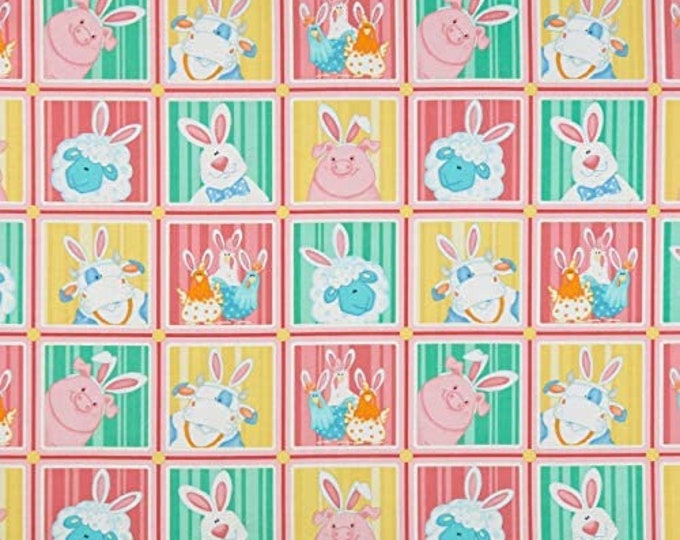 Henry Glass Down On The Bunny Farm Animal Squares Pink 100% Cotton Easter Cotton