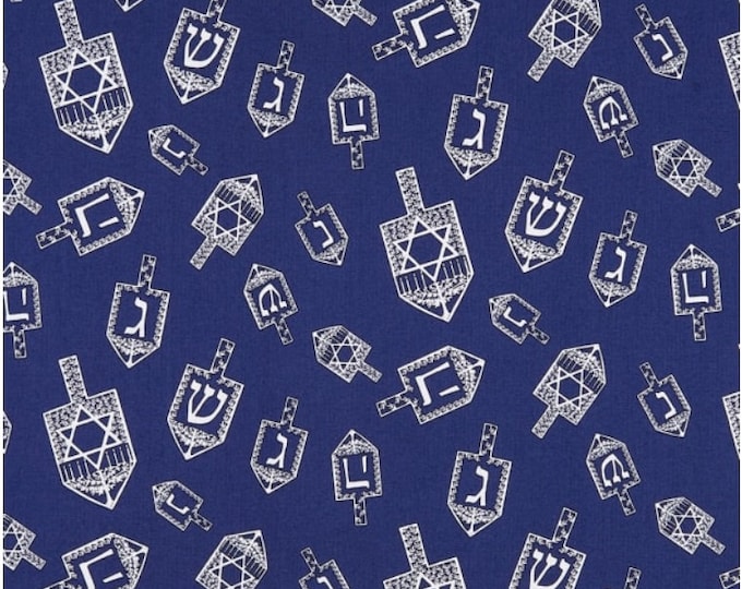 Riley Blake Festival Of Lights Dreidel Toss Blue and Metallic silver white Hanukkah 100% Cotton Fabric